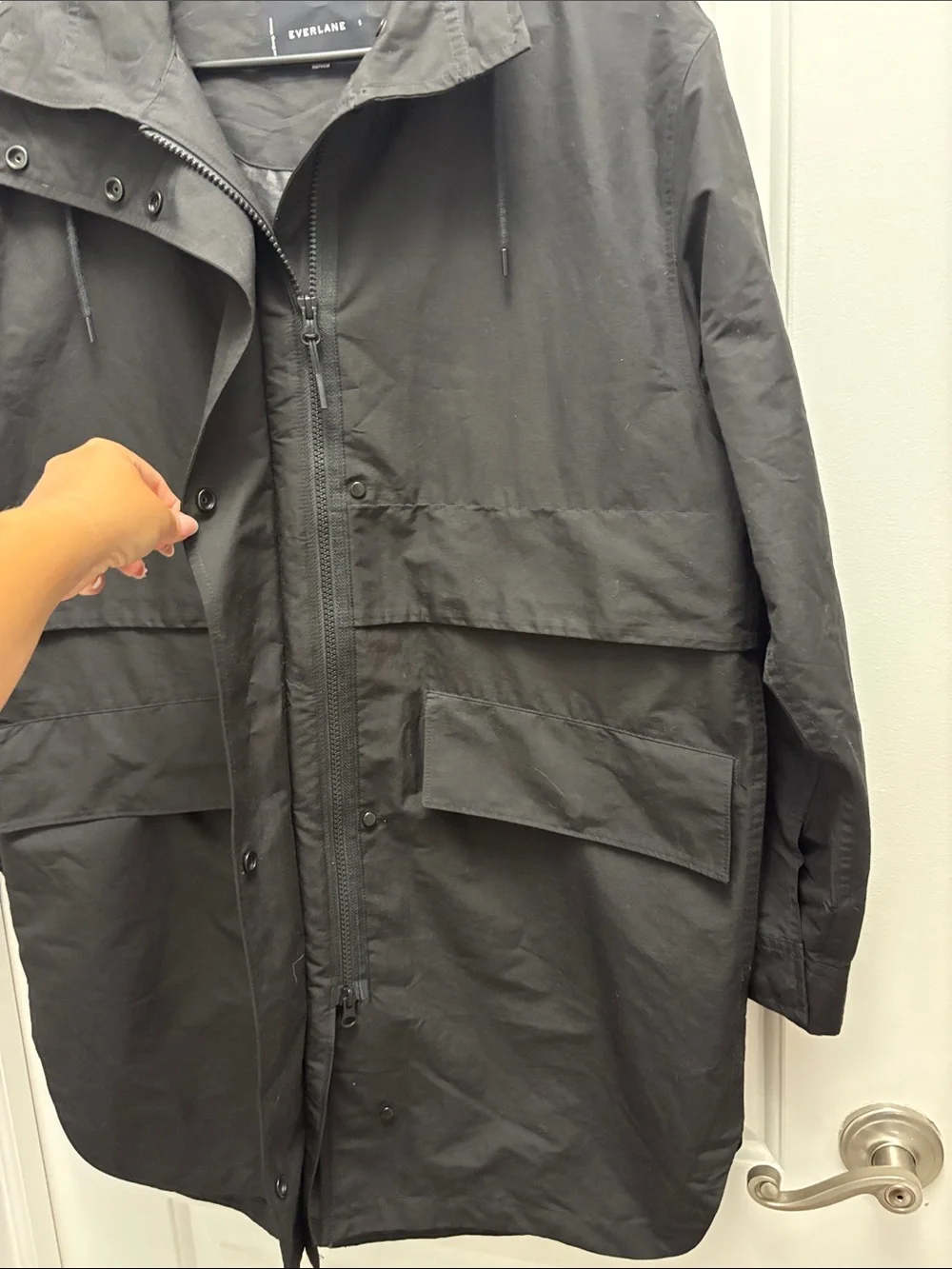 Everlane ReNew Long Anorak Black Hooded Rain Jacket Coat Women’s Small Oversized